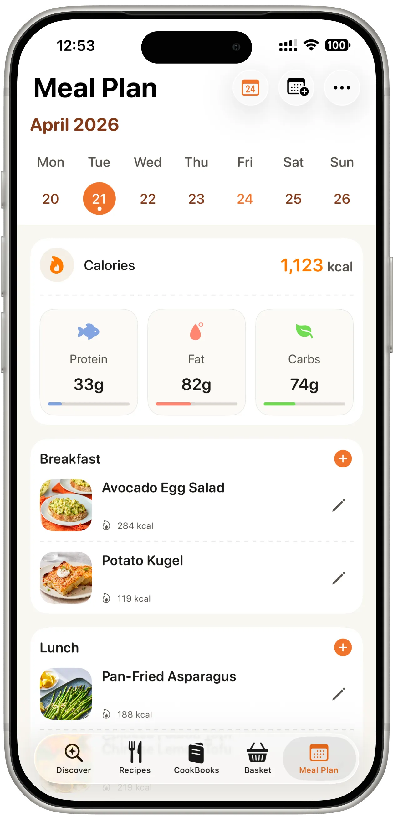 Bentory meal planning screen on iPhone