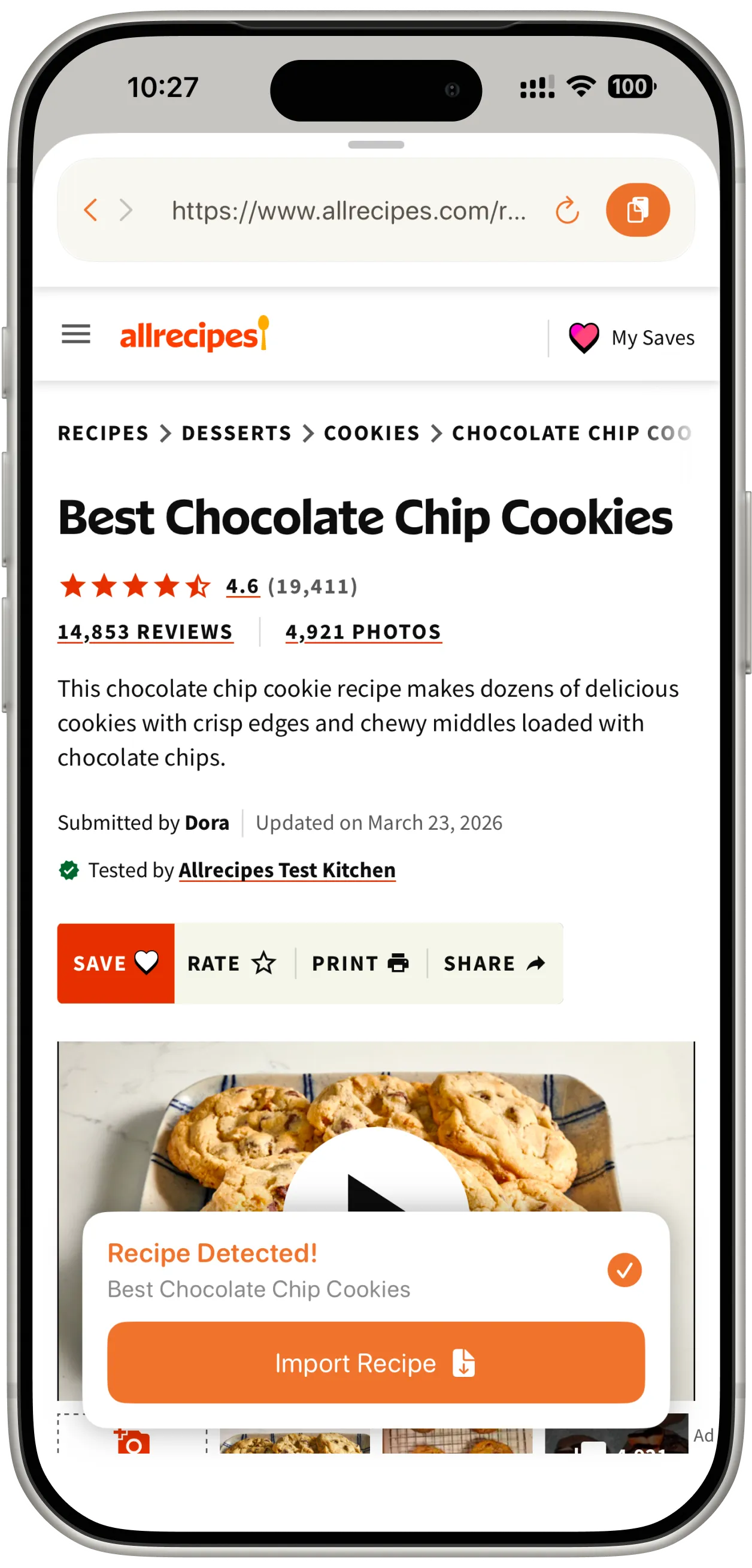 Bentory recipe import screen on iPhone