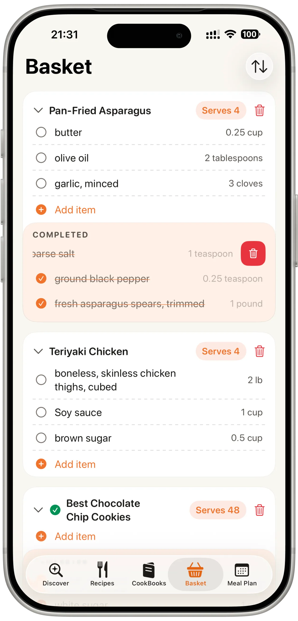 Bentory shopping basket screen on iPhone