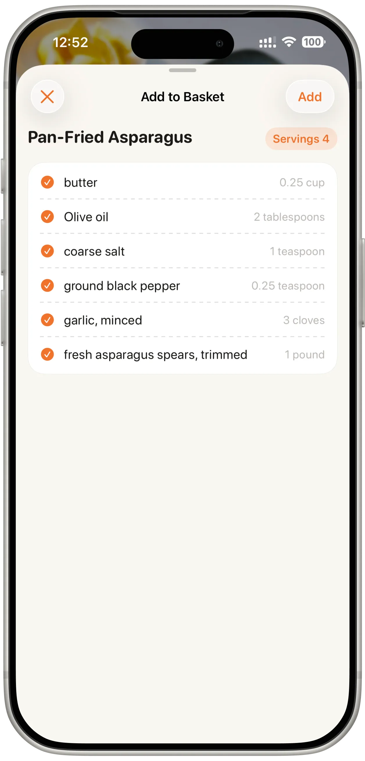 Bentory add ingredients to basket screen on iPhone