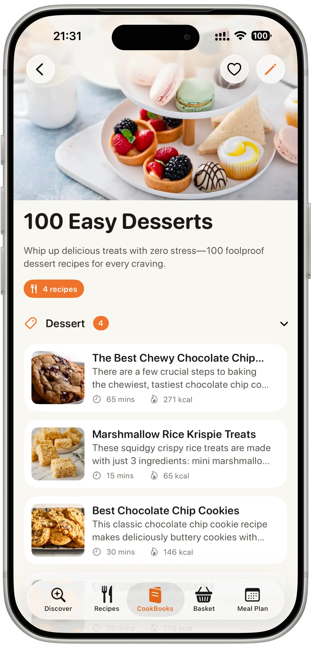 Bentory cookbooks screen on iPhone